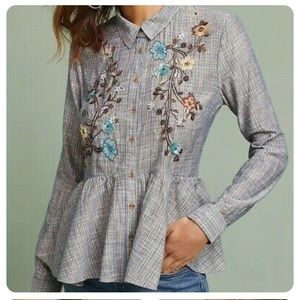 Anthropologie HD in Paris Ella Peplum Blouse Button Shirt Long Sleeve XS